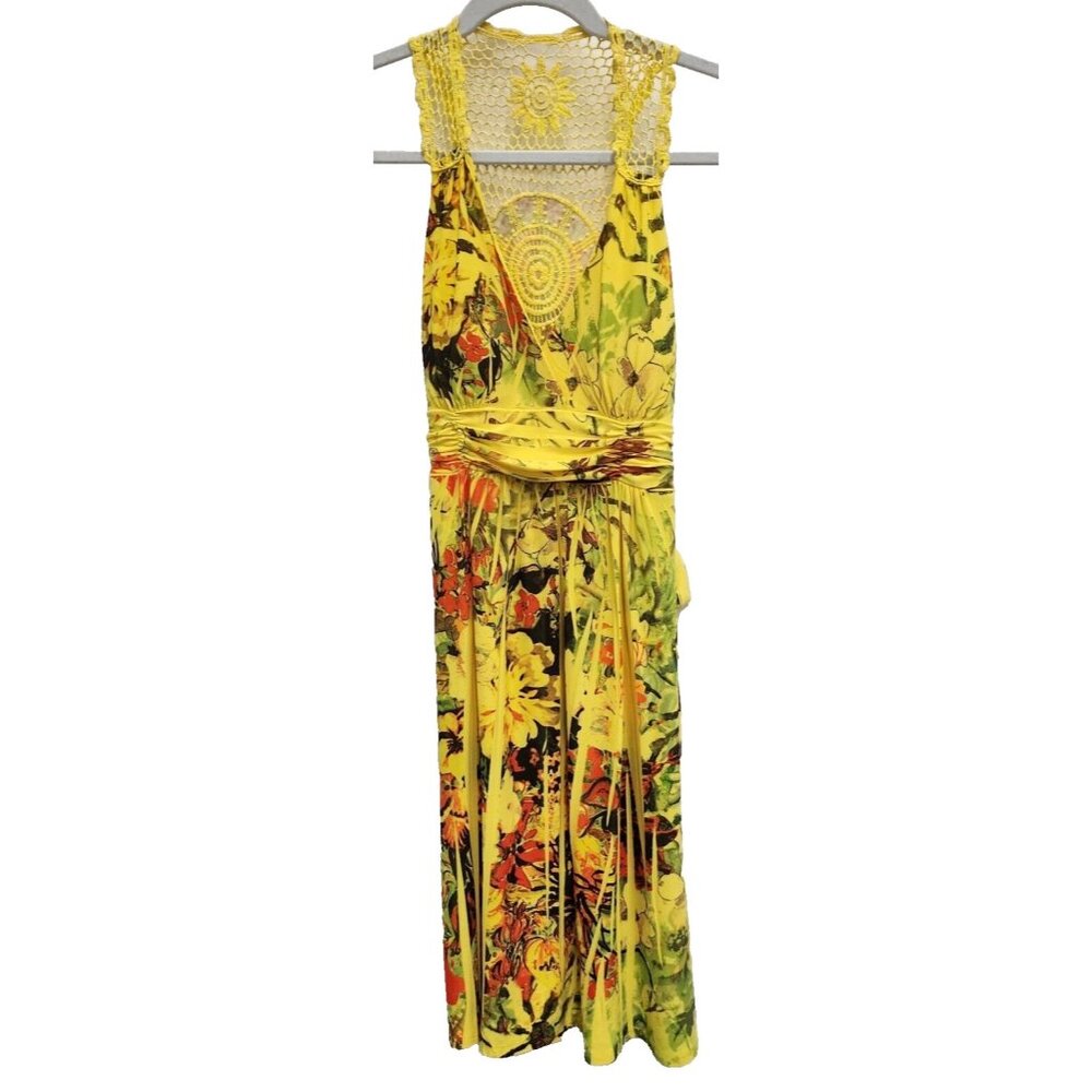 VTG Taboo Babydoll Dress Medium Yellow Floral Crochet Sleeveless Beach Y2K‎